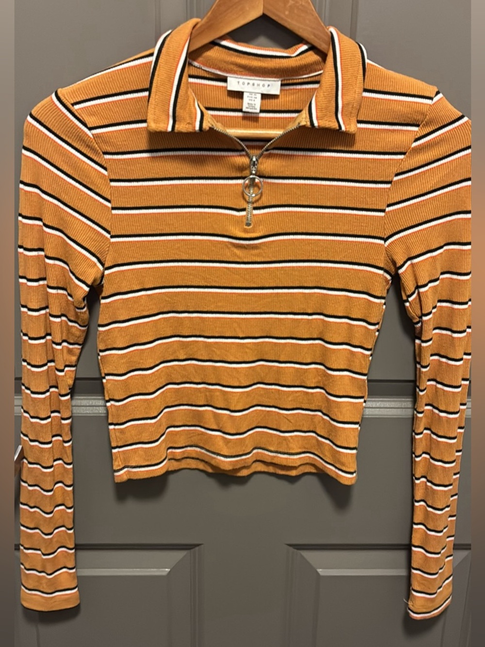 Topshop Mustard Striped Zip Polo Long Sleeve Top